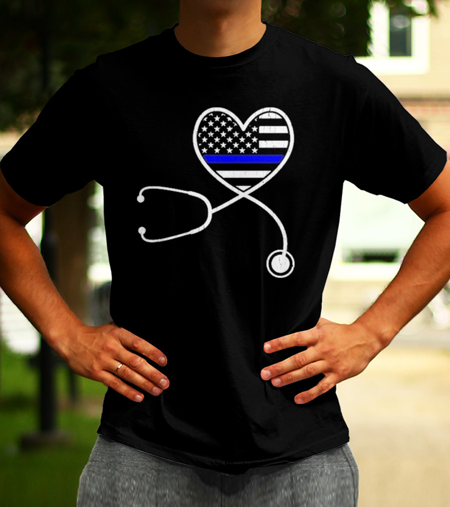 Nurse Life Police Wife American Flag Heart Stethoscope Blue Line T-Shirt