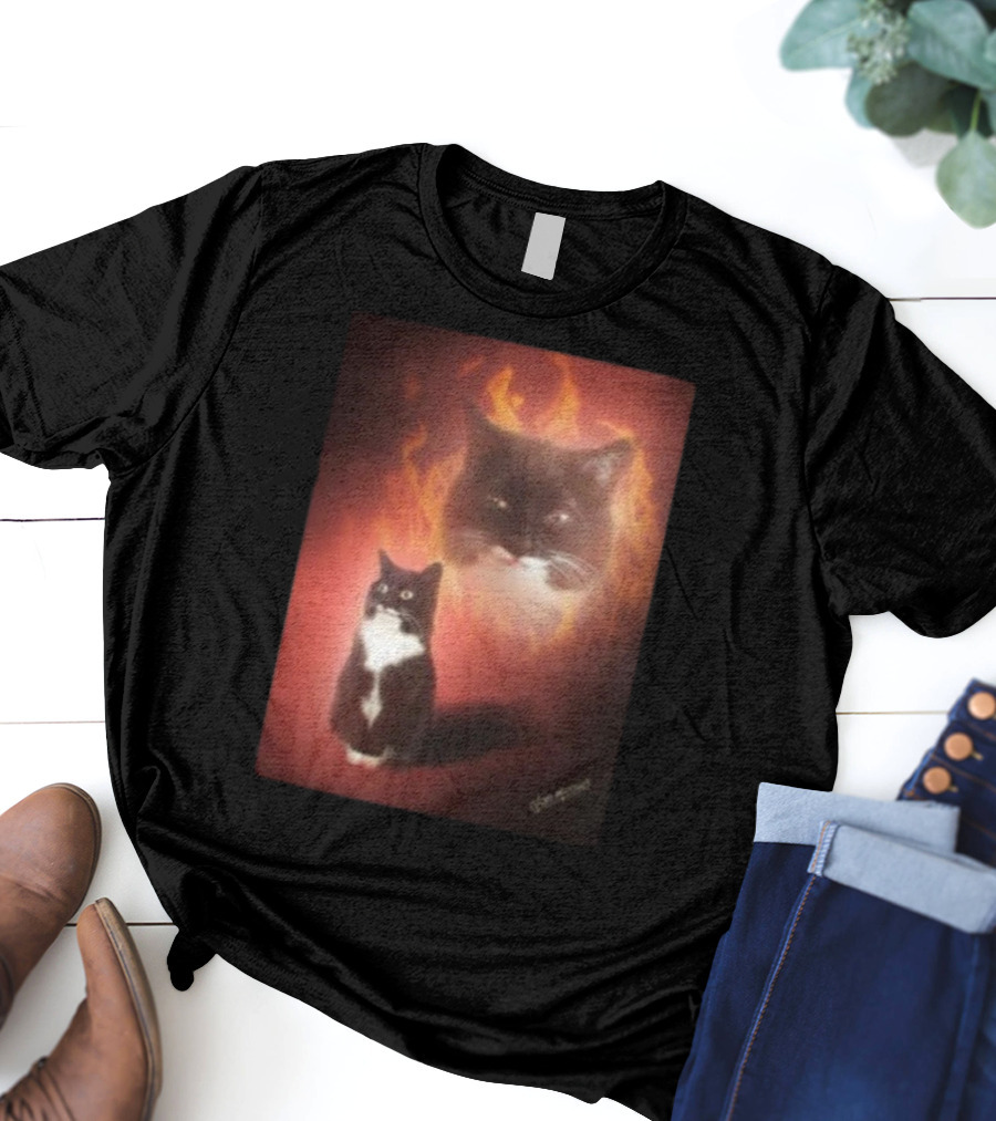 Olan Meows Black And White Cat Flames Retro Theme T-Shirt