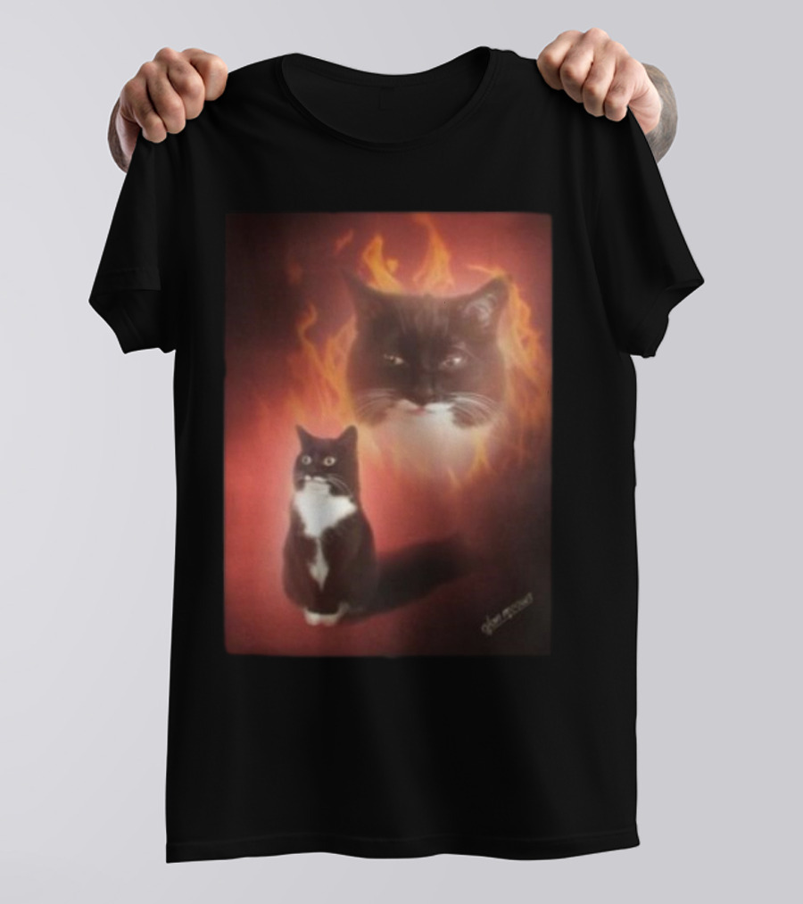 Olan Meows Black And White Cat Flames Retro Theme T-Shirt