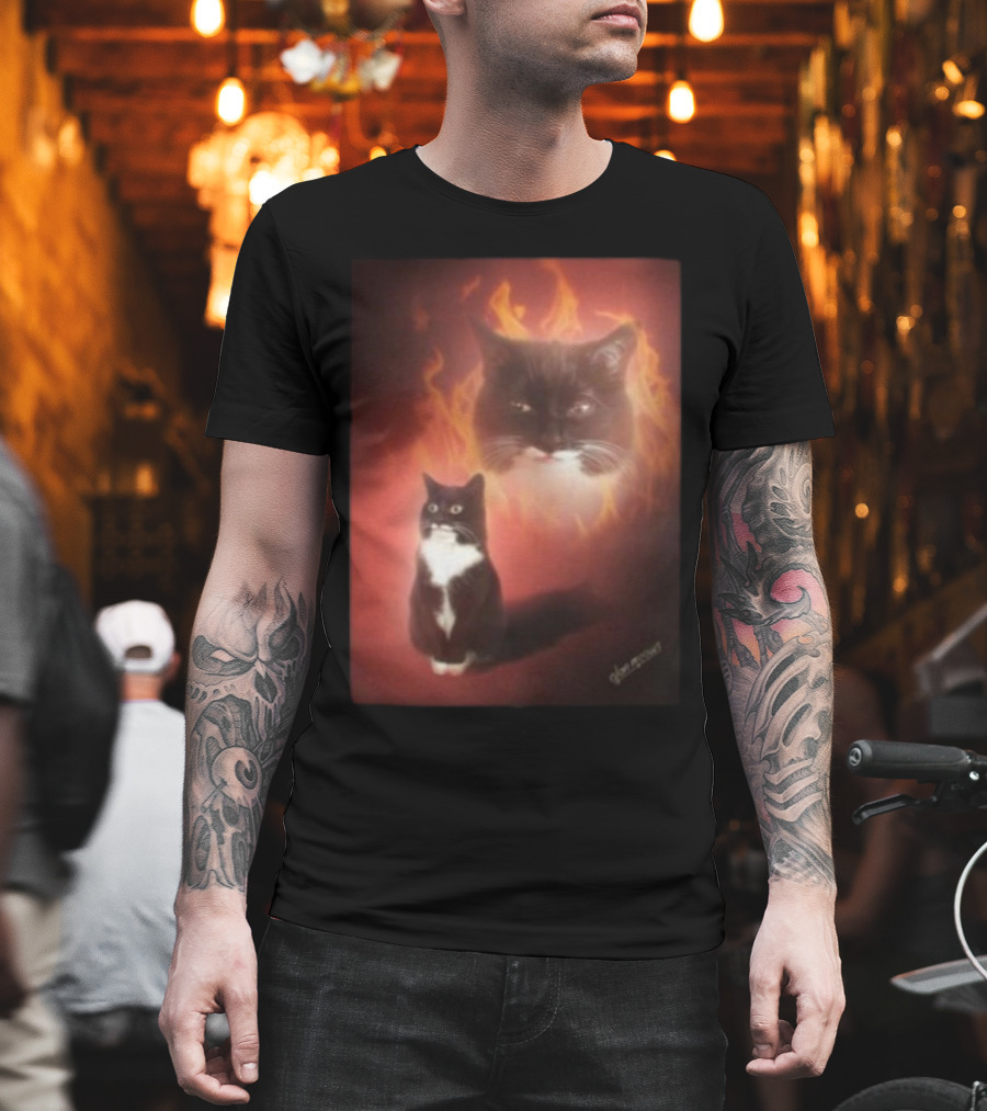 Olan Meows Black And White Cat Flames Retro Theme T-Shirt