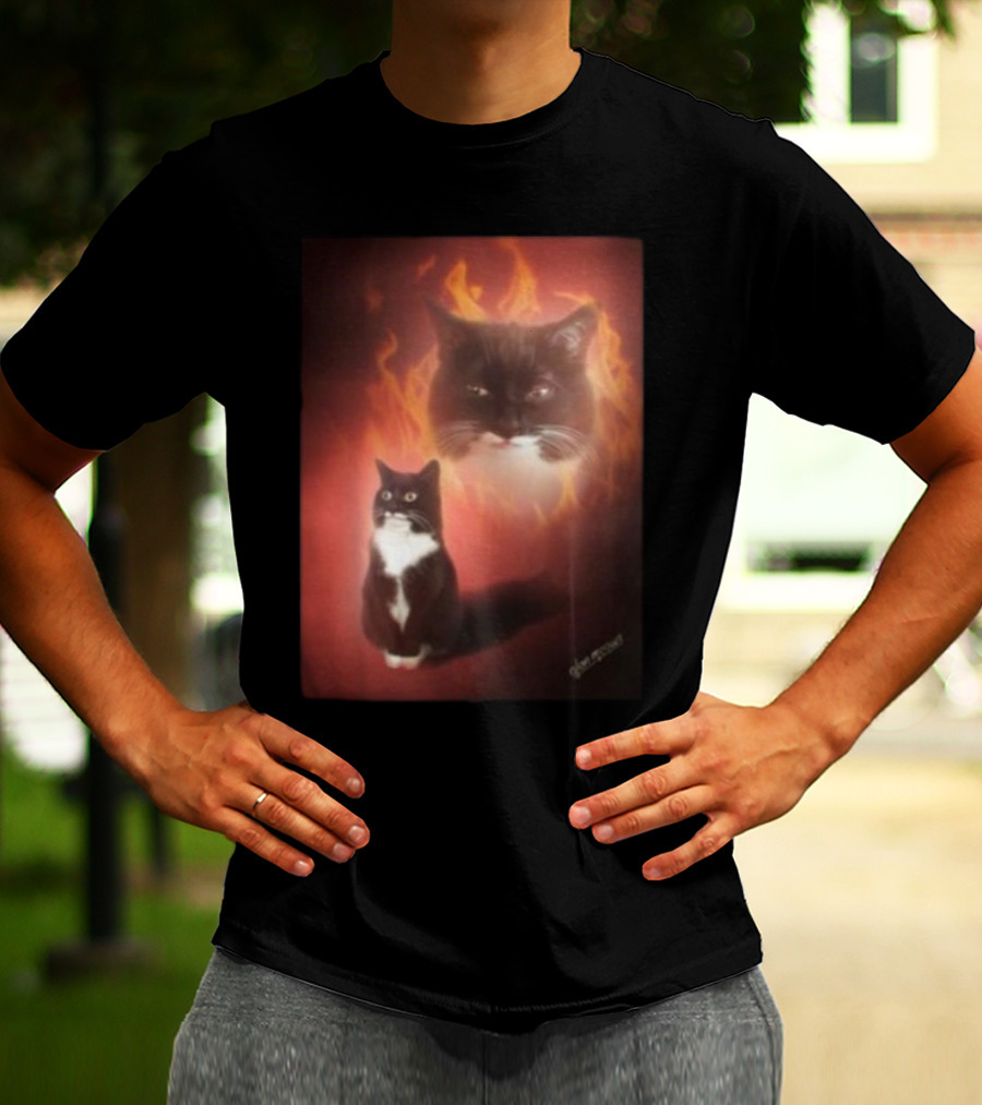 Olan Meows Black And White Cat Flames Retro Theme T-Shirt