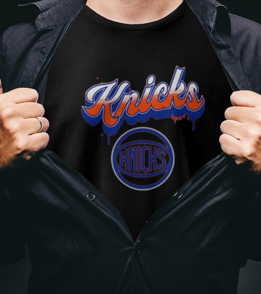 New York Knicks Orange Blue Bubbly Script Basketball Emblem T-Shirt