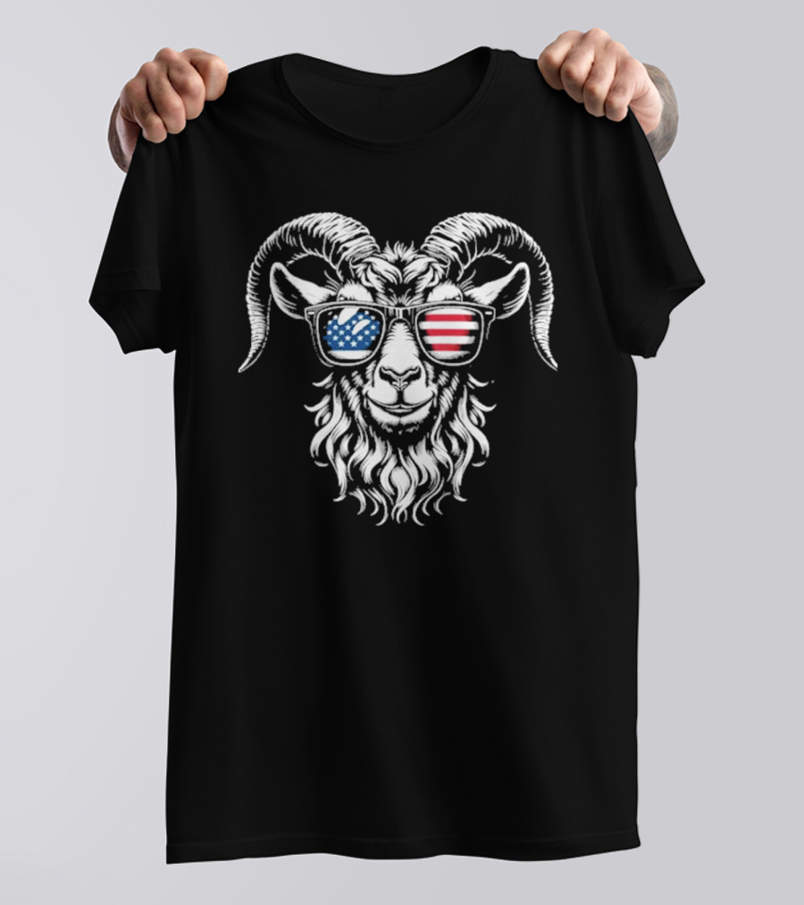 Patriotic Goat With American Flag Sunglasses Design T-Shirt