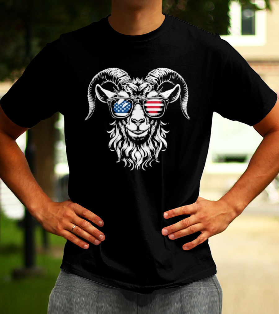 Patriotic Goat With American Flag Sunglasses Design T-Shirt