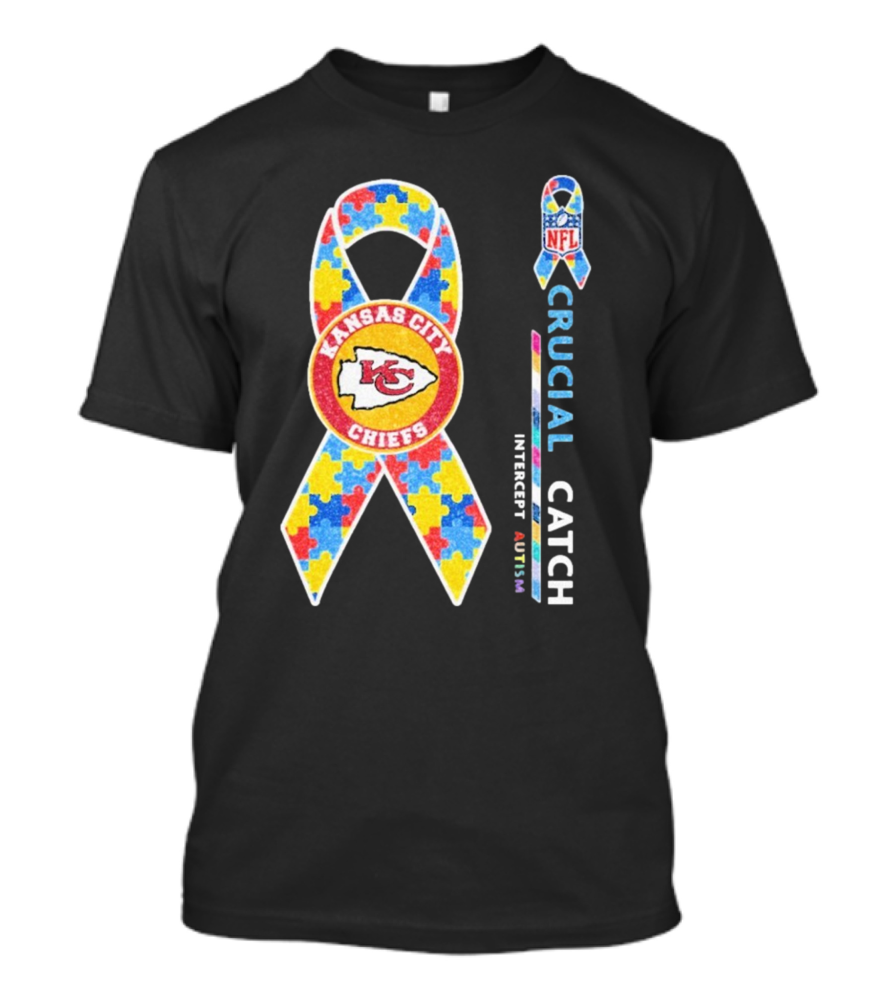 Kansas City Chiefs NFL Puzzle Ribbon Autism Awareness Crucial Catch T-Shirt