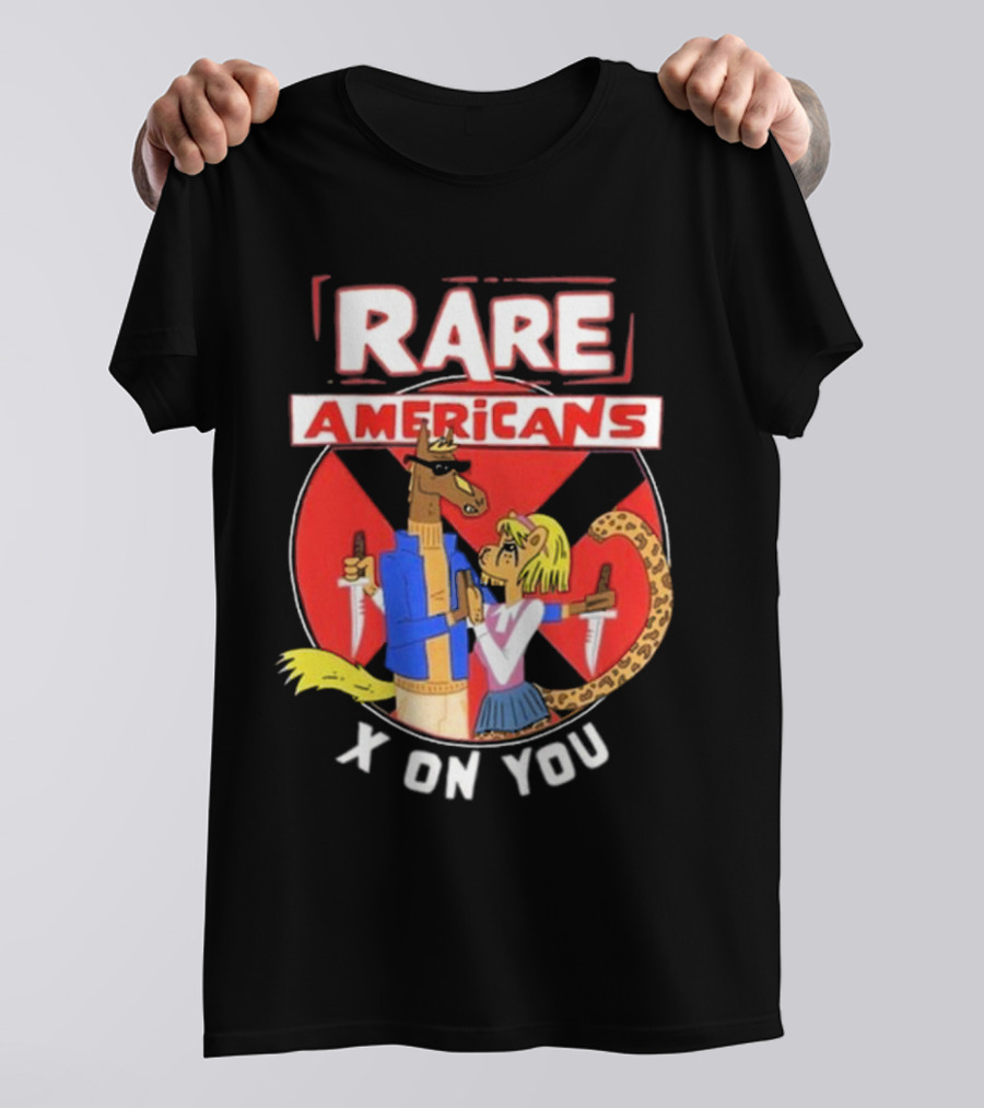 Rare Americans X On You Two Characters Holding Knives Circular Badge T-Shirt