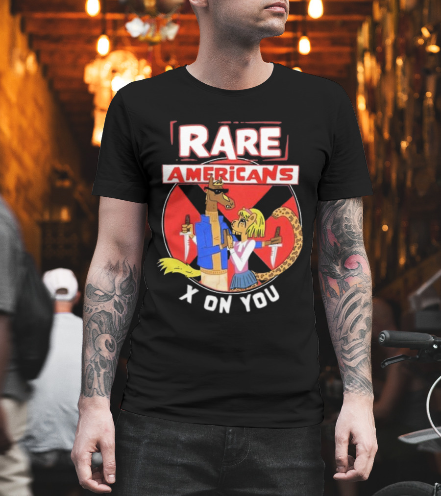 Rare Americans X On You Two Characters Holding Knives Circular Badge T-Shirt
