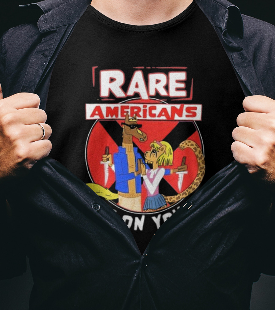 Rare Americans X On You Two Characters Holding Knives Circular Badge T-Shirt