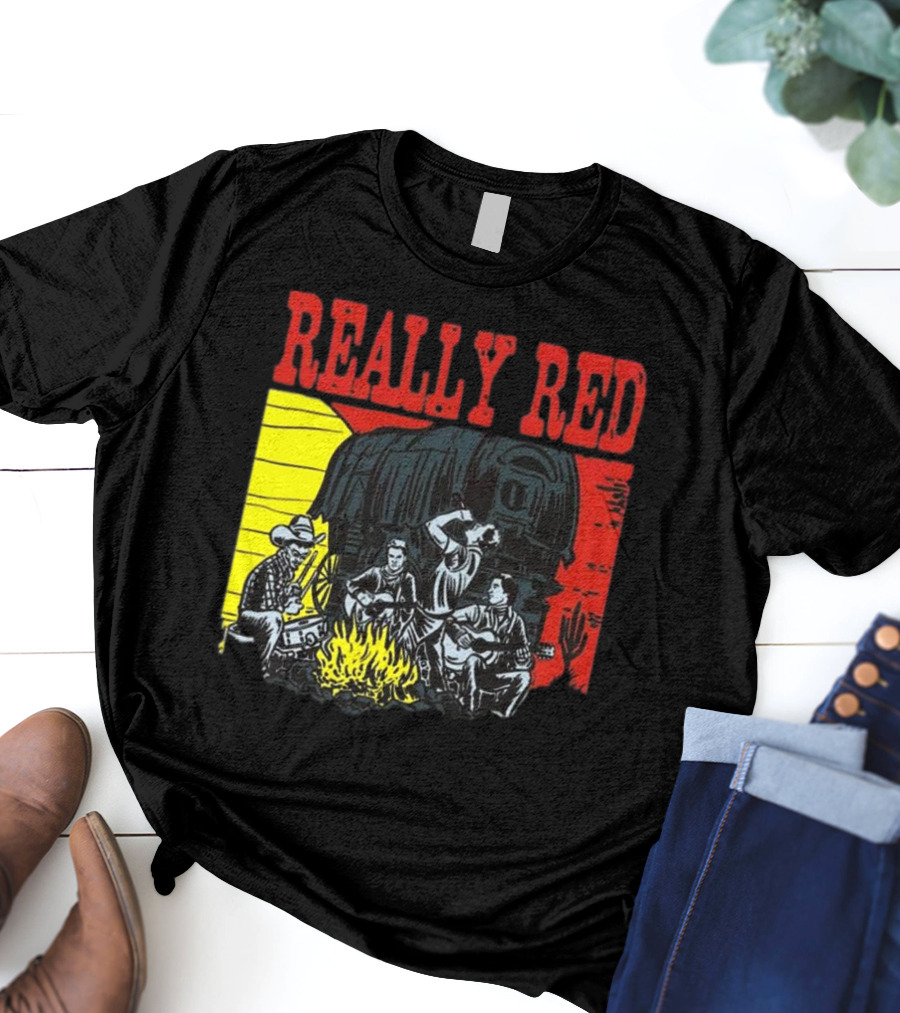 Really Red Cow Punks Campfire Scene With Musical Cowboys And Wagon T-Shirt