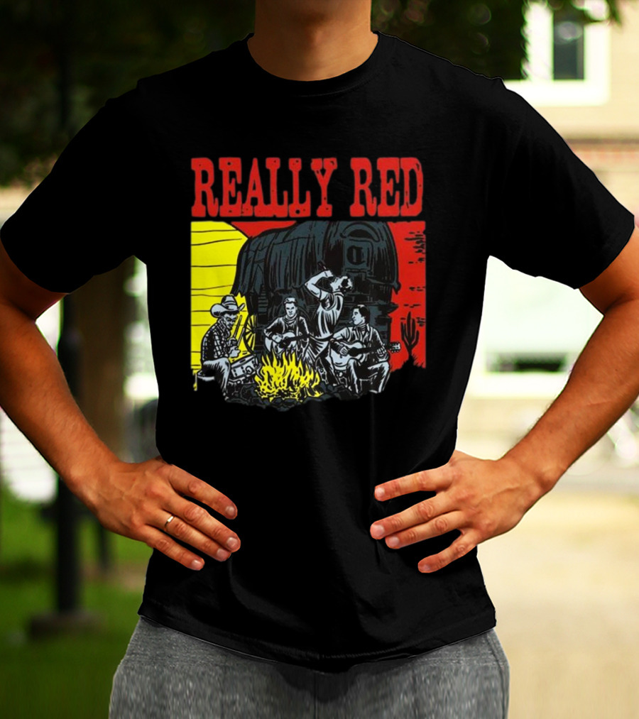 Really Red Cow Punks Campfire Scene With Musical Cowboys And Wagon T-Shirt