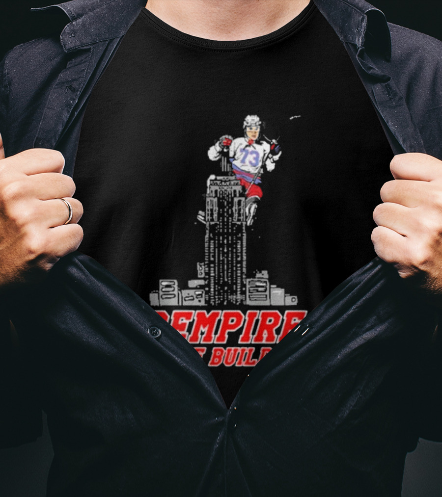 Rempire State Building Red And Blue Hockey Player Skyscraper Concept T-Shirt