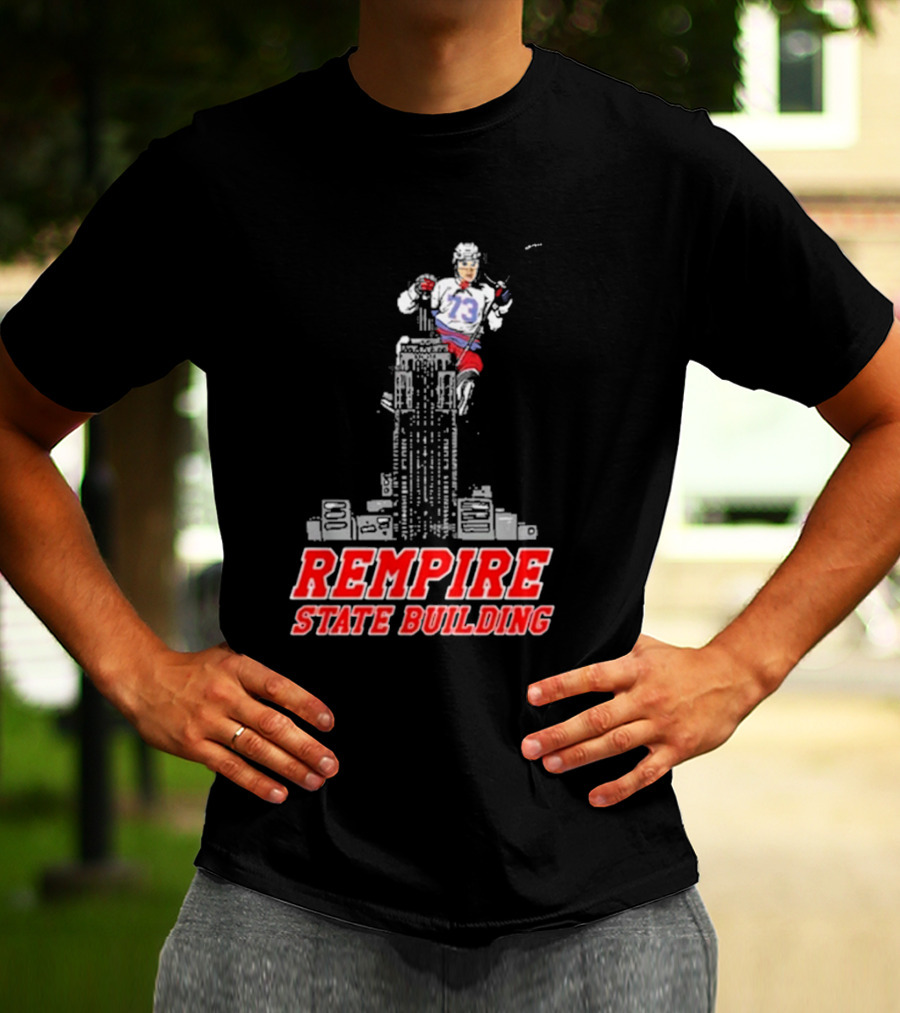 Rempire State Building Red And Blue Hockey Player Skyscraper Concept T-Shirt
