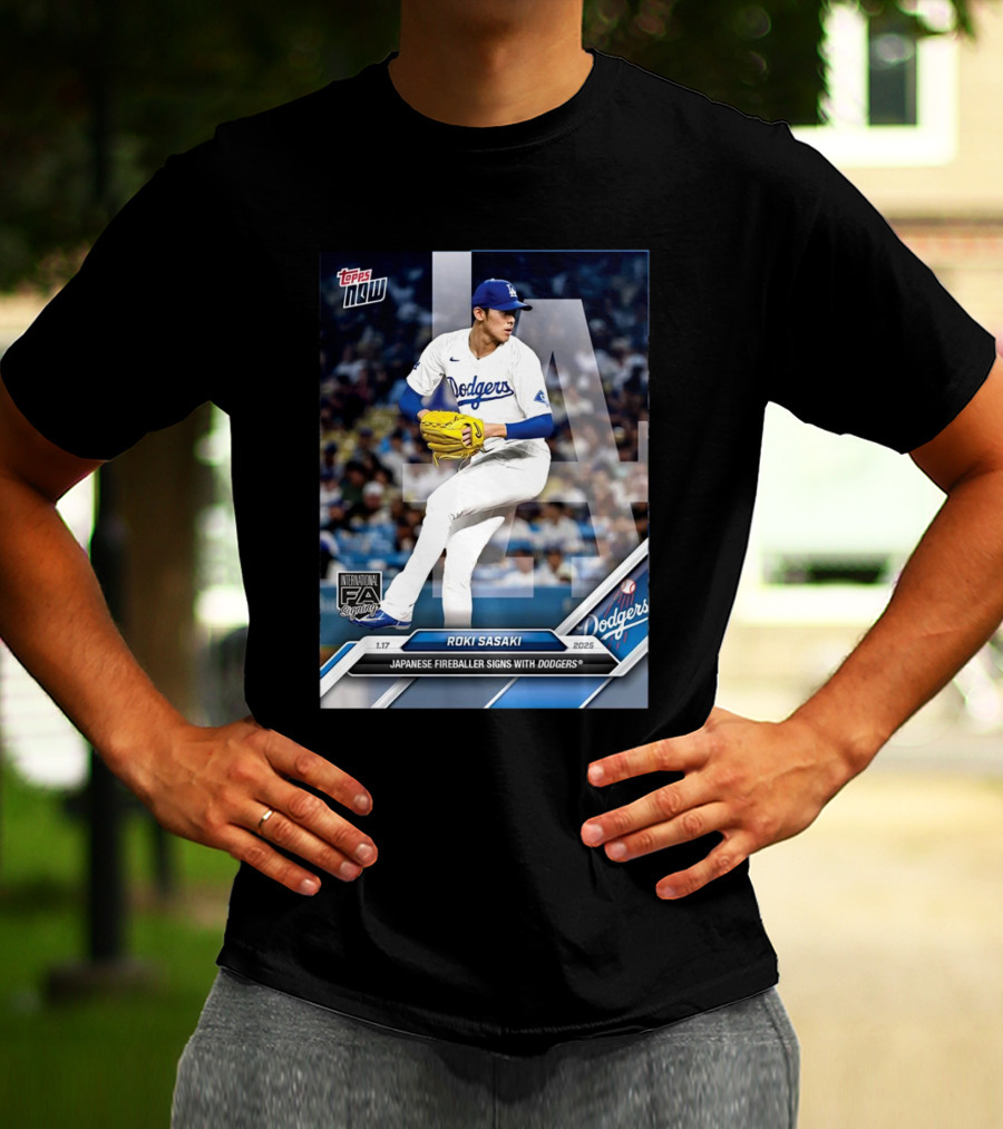 Topps Now Roki Sasaki 2025 International FA Signing Dodgers T-Shirt