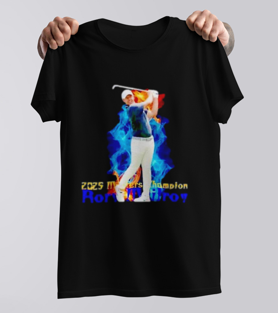 Rory McIlroy 2025 Masters Champion Golf Swing With Fire And Blue Flame Background T-Shirt