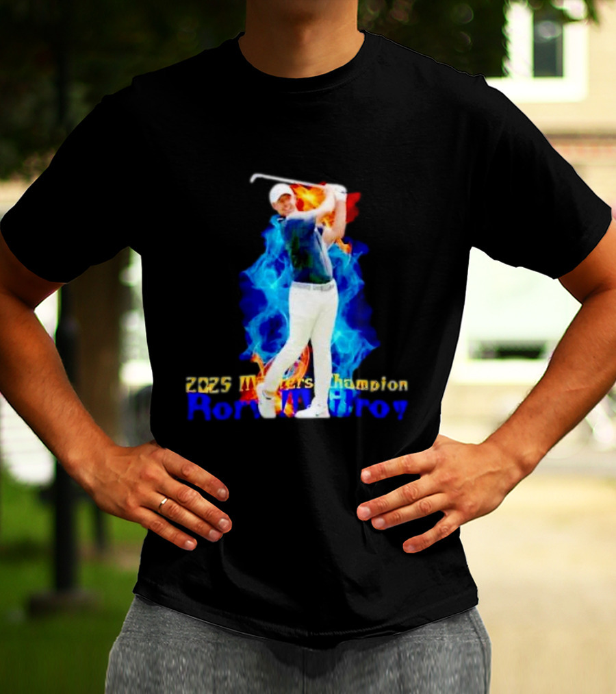 Rory McIlroy 2025 Masters Champion Golf Swing With Fire And Blue Flame Background T-Shirt