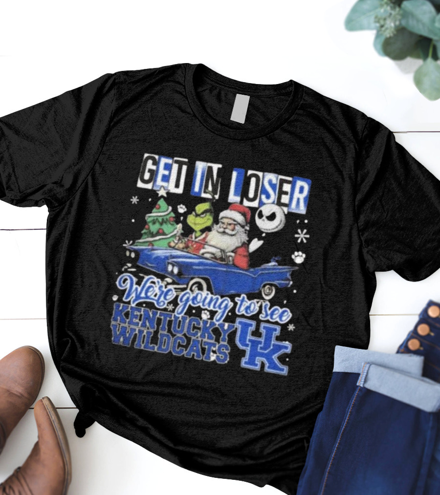 Get In Loser Santa Grinch Jack Skellington Driving Car Kentucky Wildcats Christmas T-Shirt