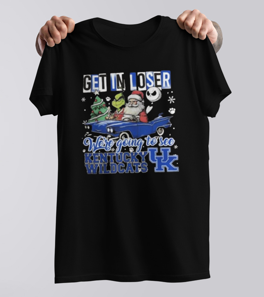 Get In Loser Santa Grinch Jack Skellington Driving Car Kentucky Wildcats Christmas T-Shirt