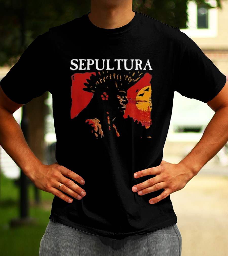 Sepultura Celebrating Life Through Death Black Sunburst And Sunset Scene T-Shirt