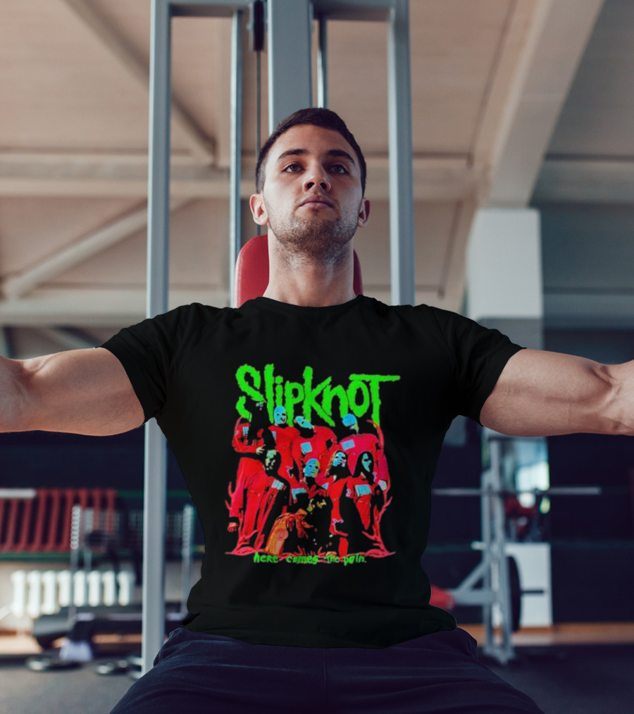 Slipknot Here Comes The Pain Text With Red Figures And Green Logo T-Shirt
