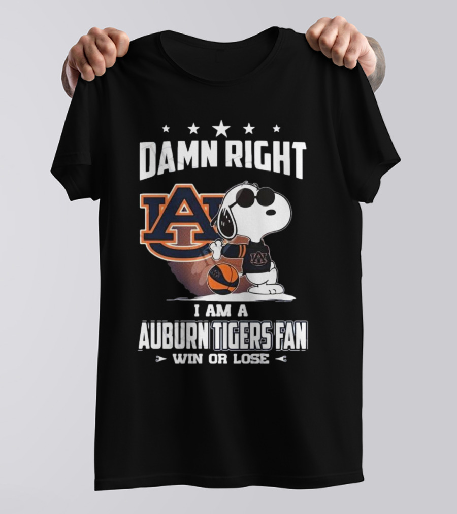 Damn Right I Am A Auburn Tigers Fan Win Or Lose Snoopy Auburn Logo T-Shirt