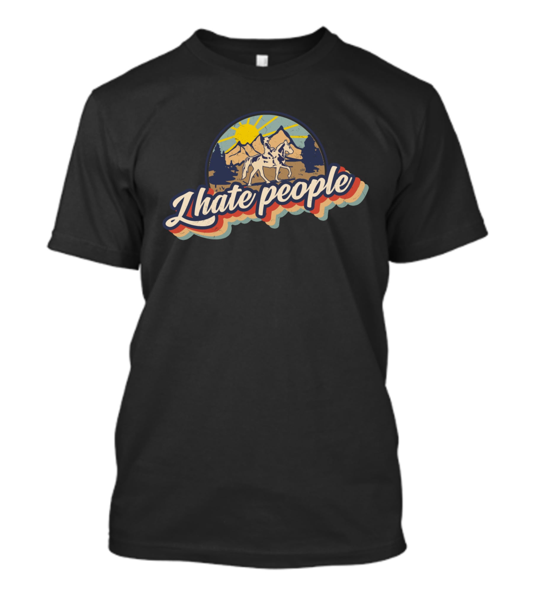 I Hate People Vintage Wilderness Horseback Riding Retro Sun Mountain Scene T-Shirt