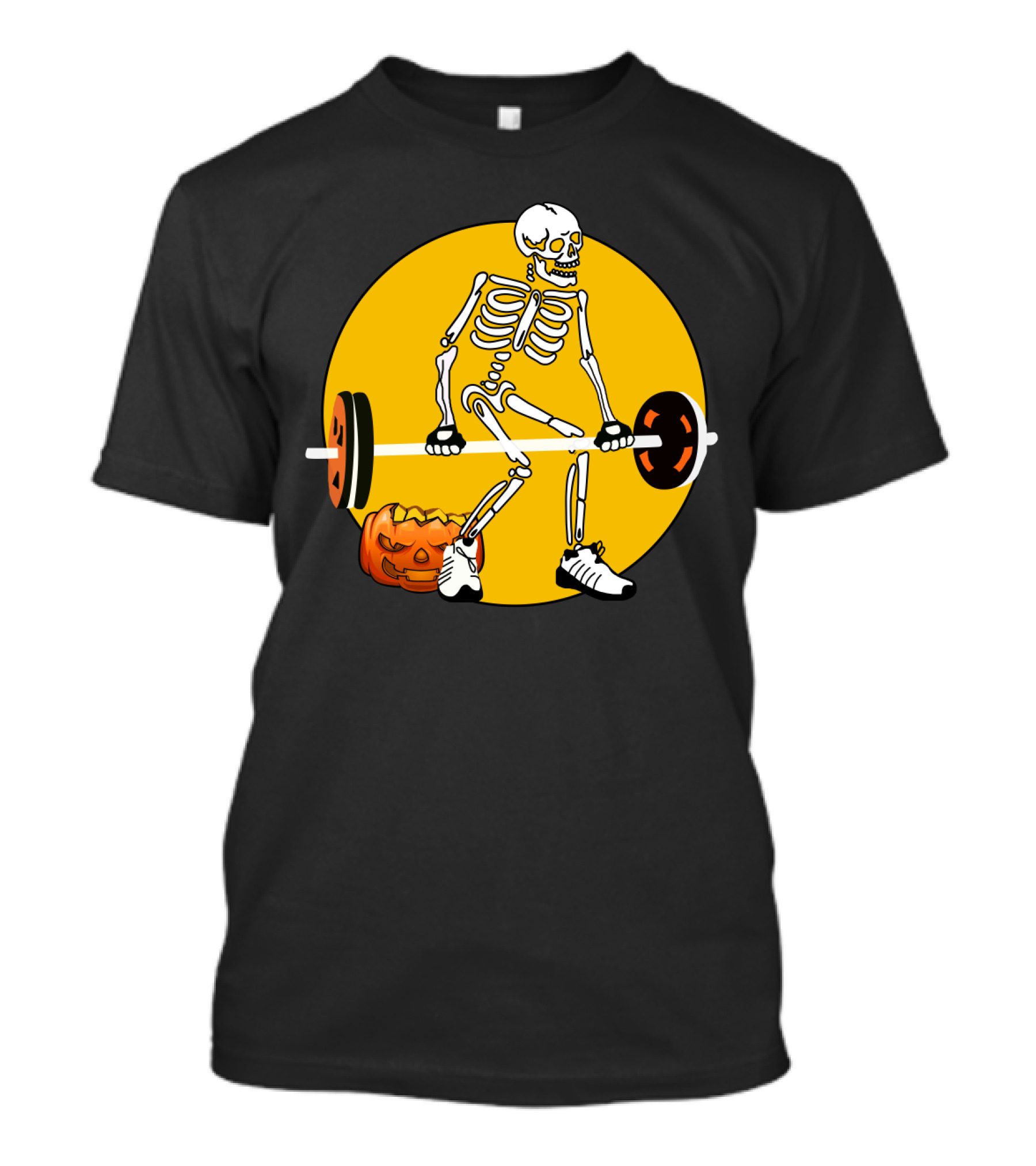 Skeleton Lifting Barbell With Pumpkin Halloween T-Shirt