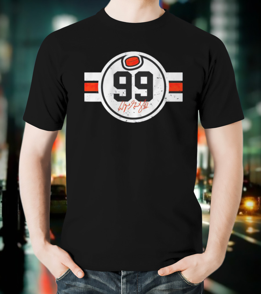 Wayne Gretzky No. 99 Edmonton Signature Hockey Puck Circle T-Shirt