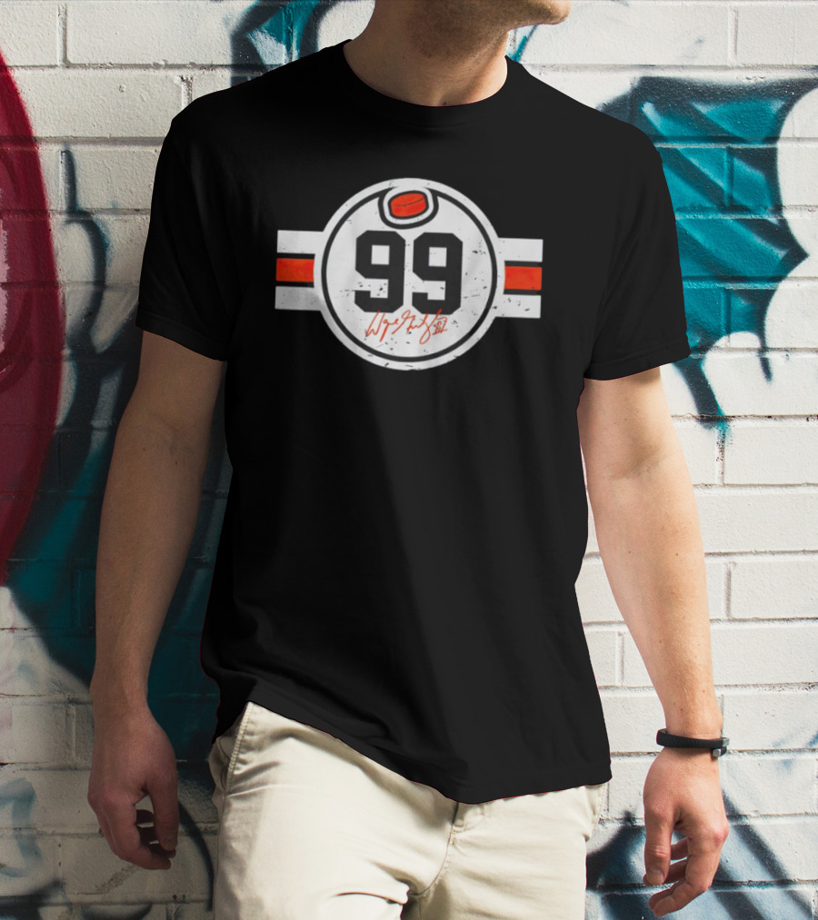 Wayne Gretzky No. 99 Edmonton Signature Hockey Puck Circle T-Shirt