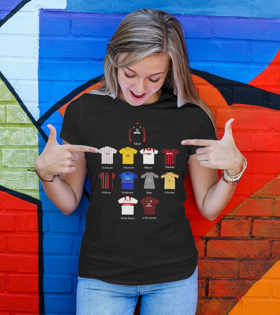 A.C. Milan FC Opel Uniform S. Rossi M. Tassotti A. Costacurta F. Baresi P. Maldini G. Rivera D. Albertini Kaka C. Seedorf M. Van Basten A. Shevchenko T-Shirt