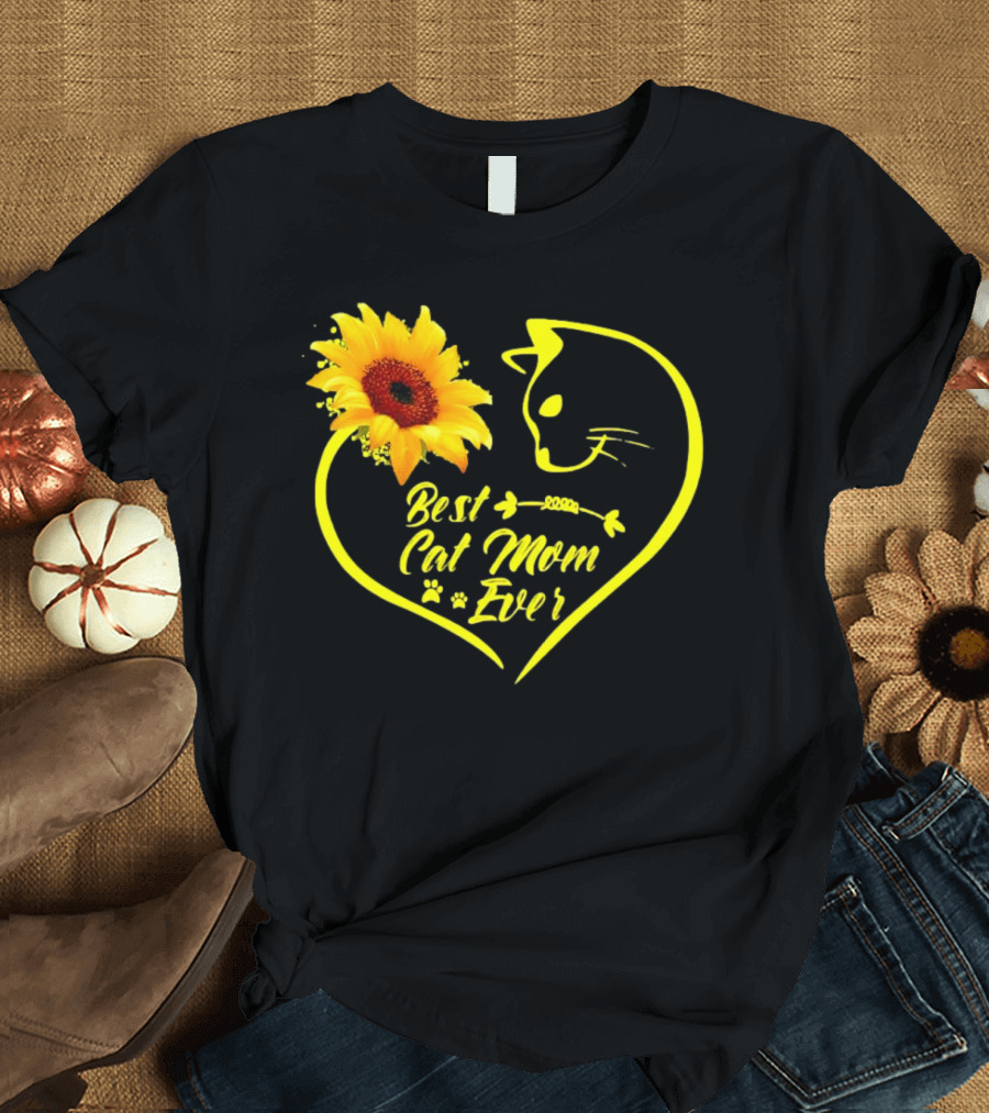 Best Cat Mom Ever Sunflower Heart Love Cat Face T-Shirt