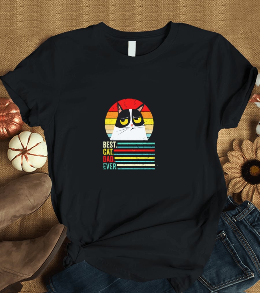 Grumpcat Best Cat Dad Ever Vintage Retro Circle Stripes T-Shirt