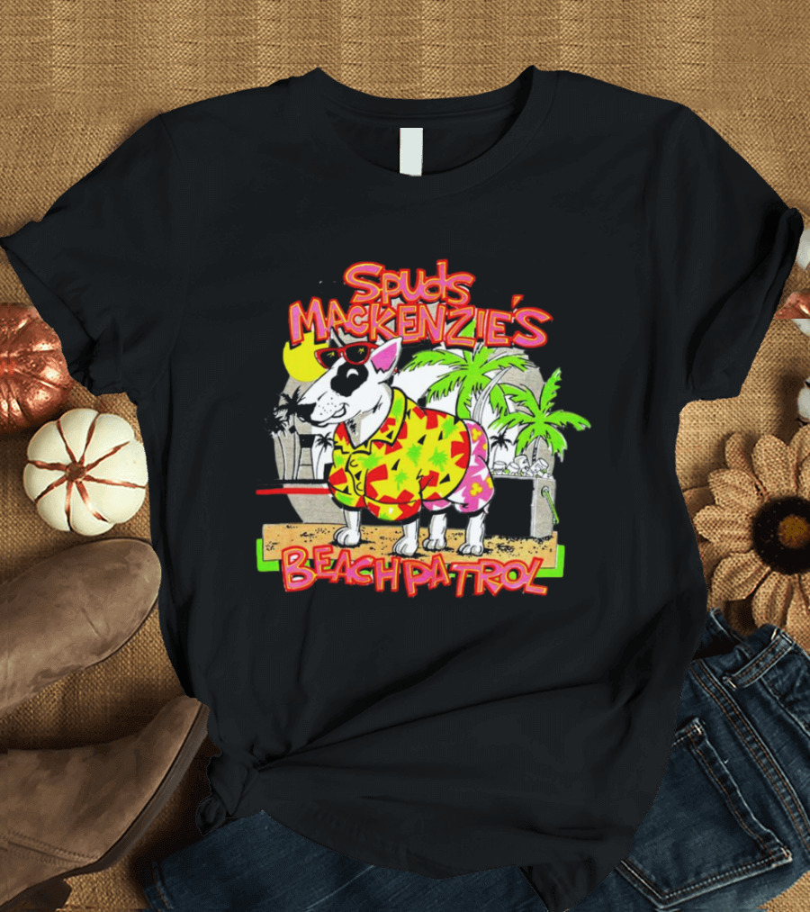 Spuds Mackenzie’s Beach Patrol Tropical Style Dog In Sunglasses And Hawaiian Shirt With Palm Trees T-Shirt