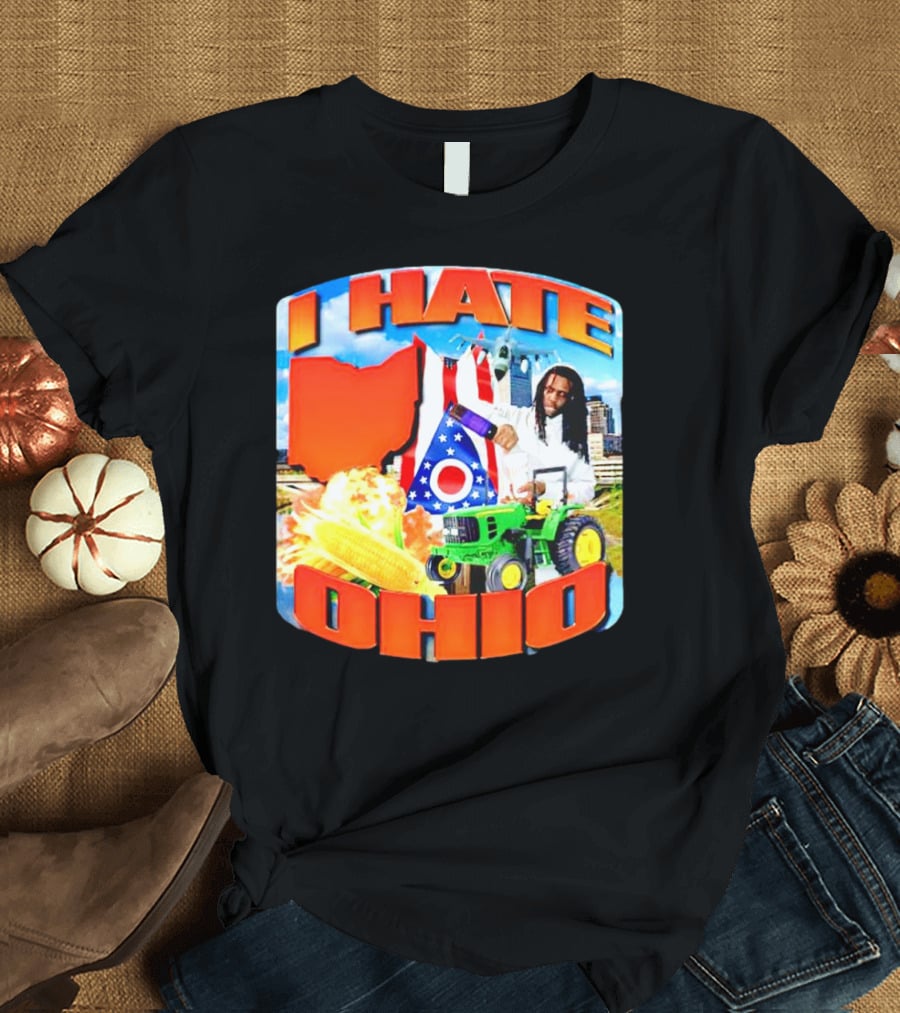 I Hate Ohio Tractor Explosion Corn Ohio Flag Skyline T-Shirt