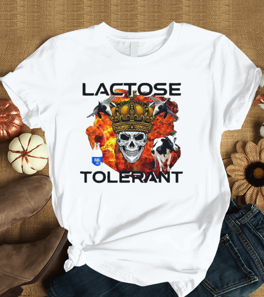 Lactose Tolerant Skull Crown Cow Milk Aircraft Explosion T-Shirt