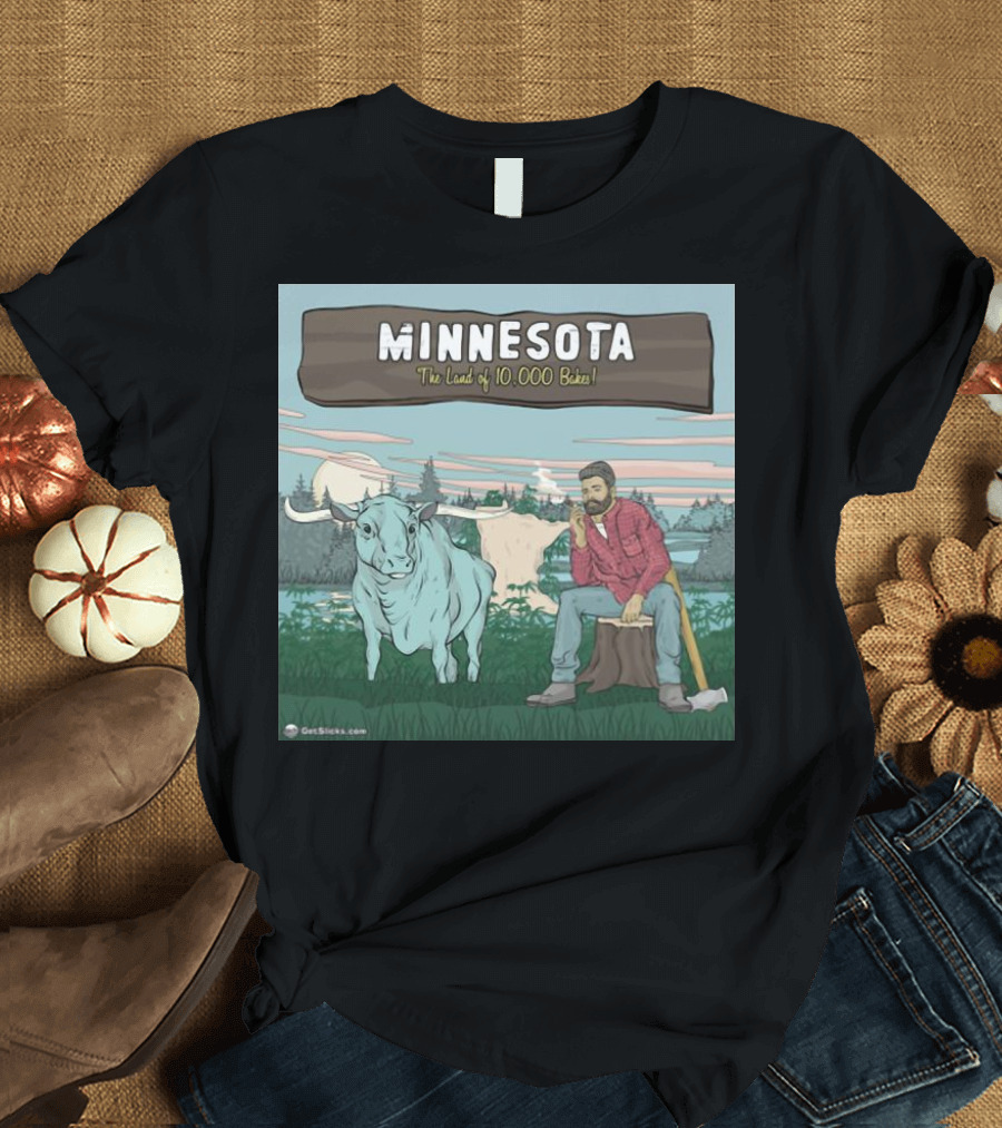 Minnesota The Land Of 10,000 Bakes With Blue Ox And Lumberjack In Forest Scene T-Shirt