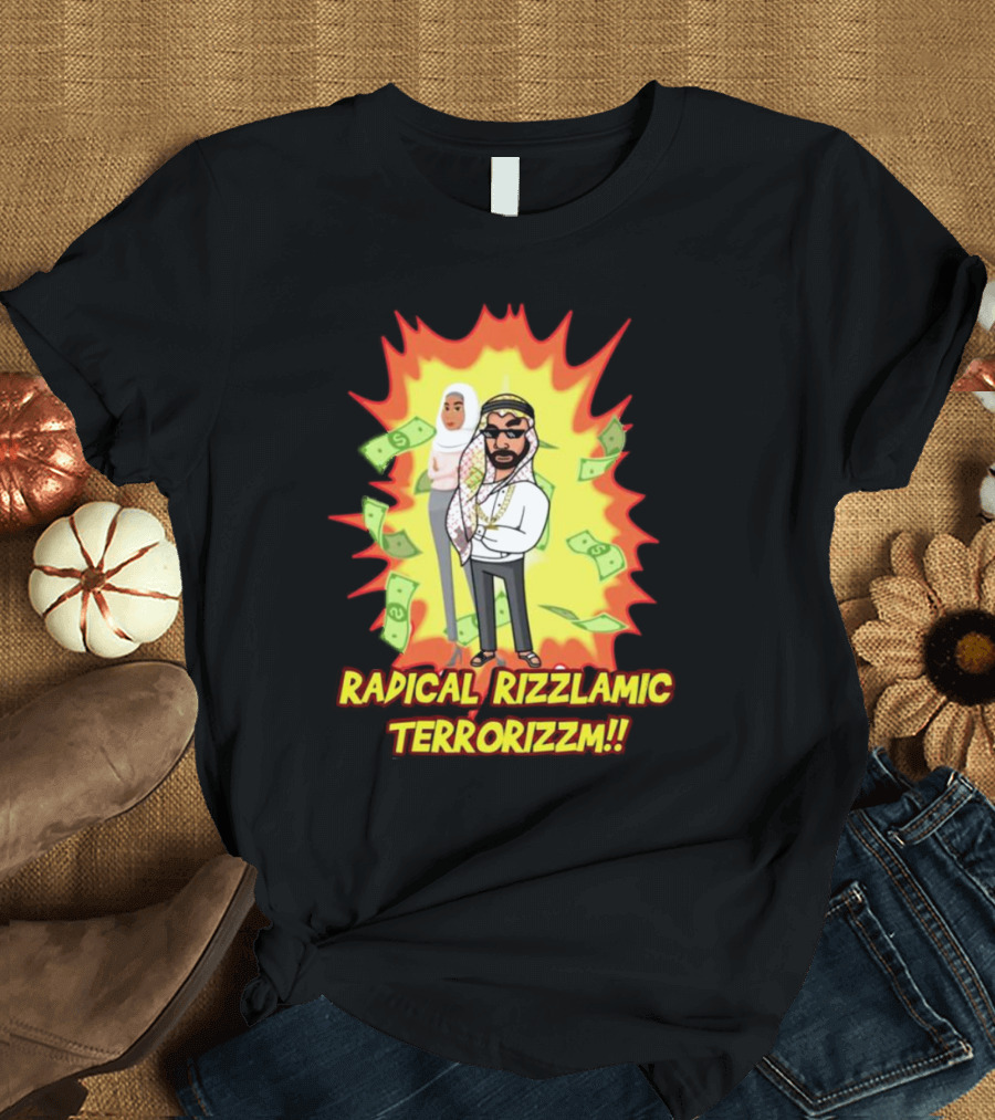 Radical Rizzlamic Terrorizzm Cartoon Characters Surrounded By Money Explosion T-Shirt