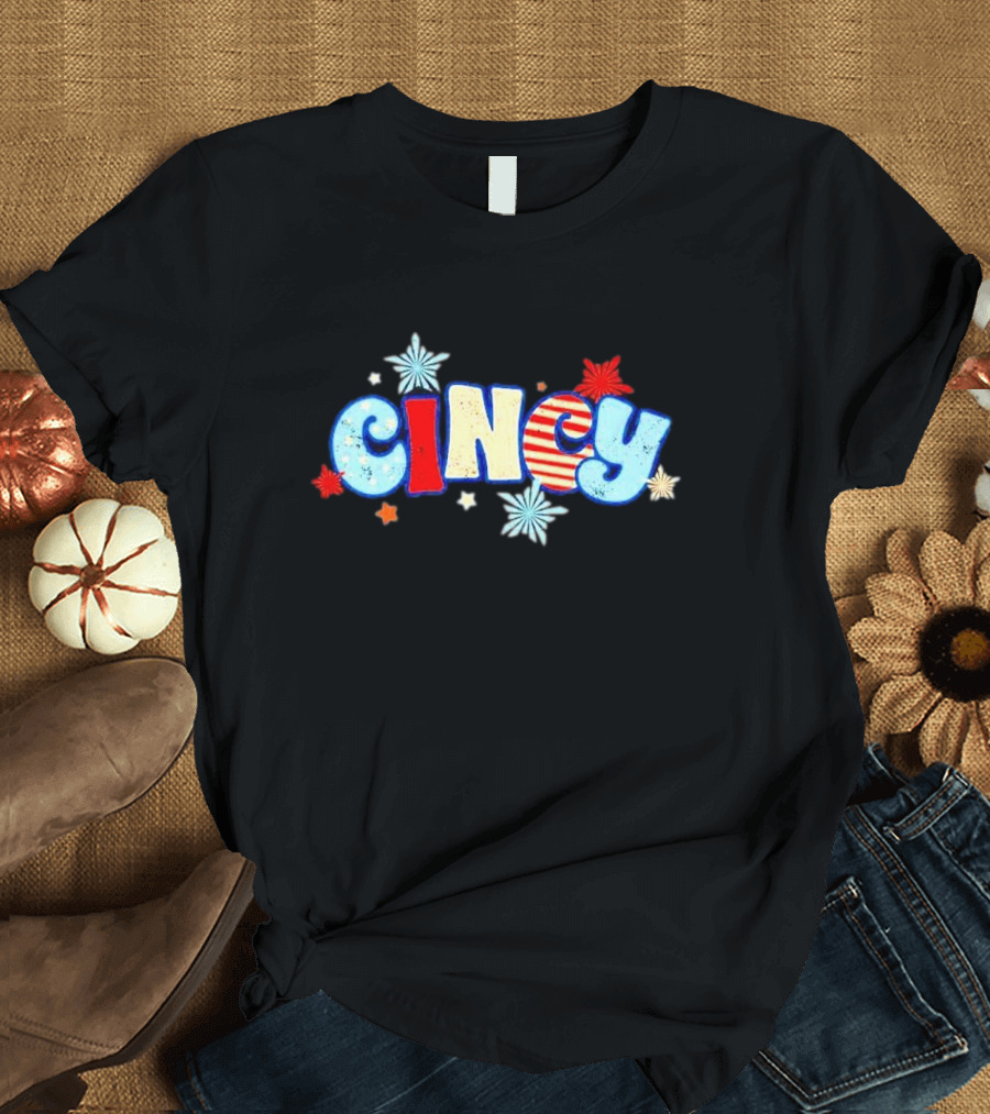 Cincy Star Burst American Flag Pattern With Red White Blue Stars T-Shirt