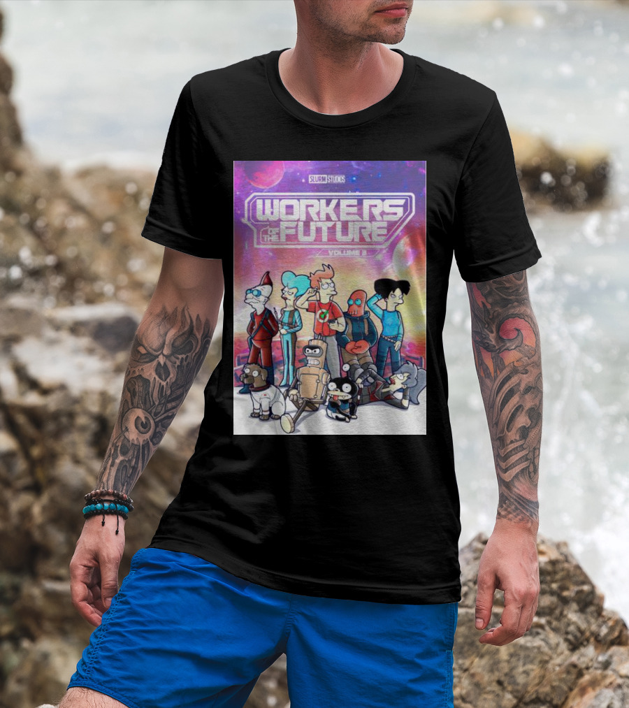 SLURM STUDIOS Workers Of The Future Volume 3 Futurama Characters Retro Futuristic T-Shirt