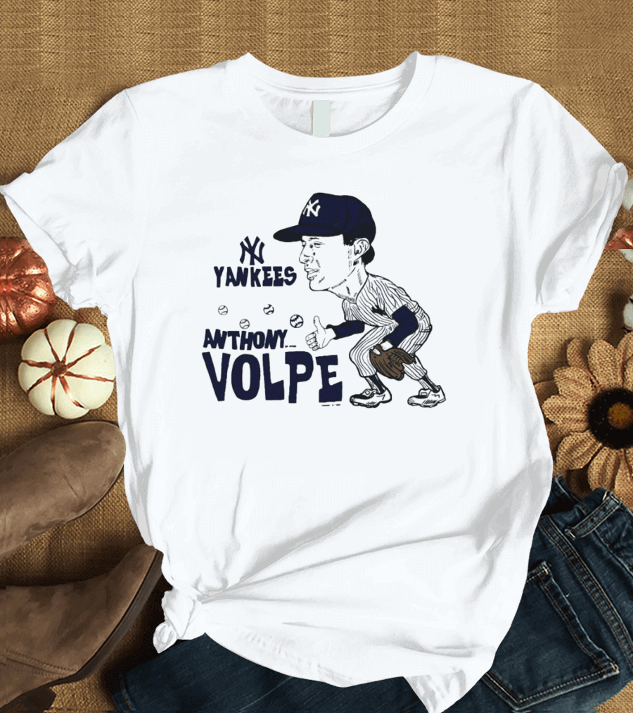 Anthony Volpe New York Yankees Caricature Baseball Player With Cap And Glove T-Shirt