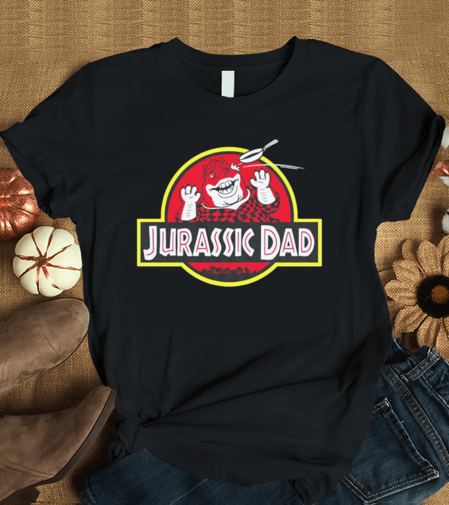 Jurassic Dad Dinosaur Cartoon Logo Frying Pan Image T-Shirt