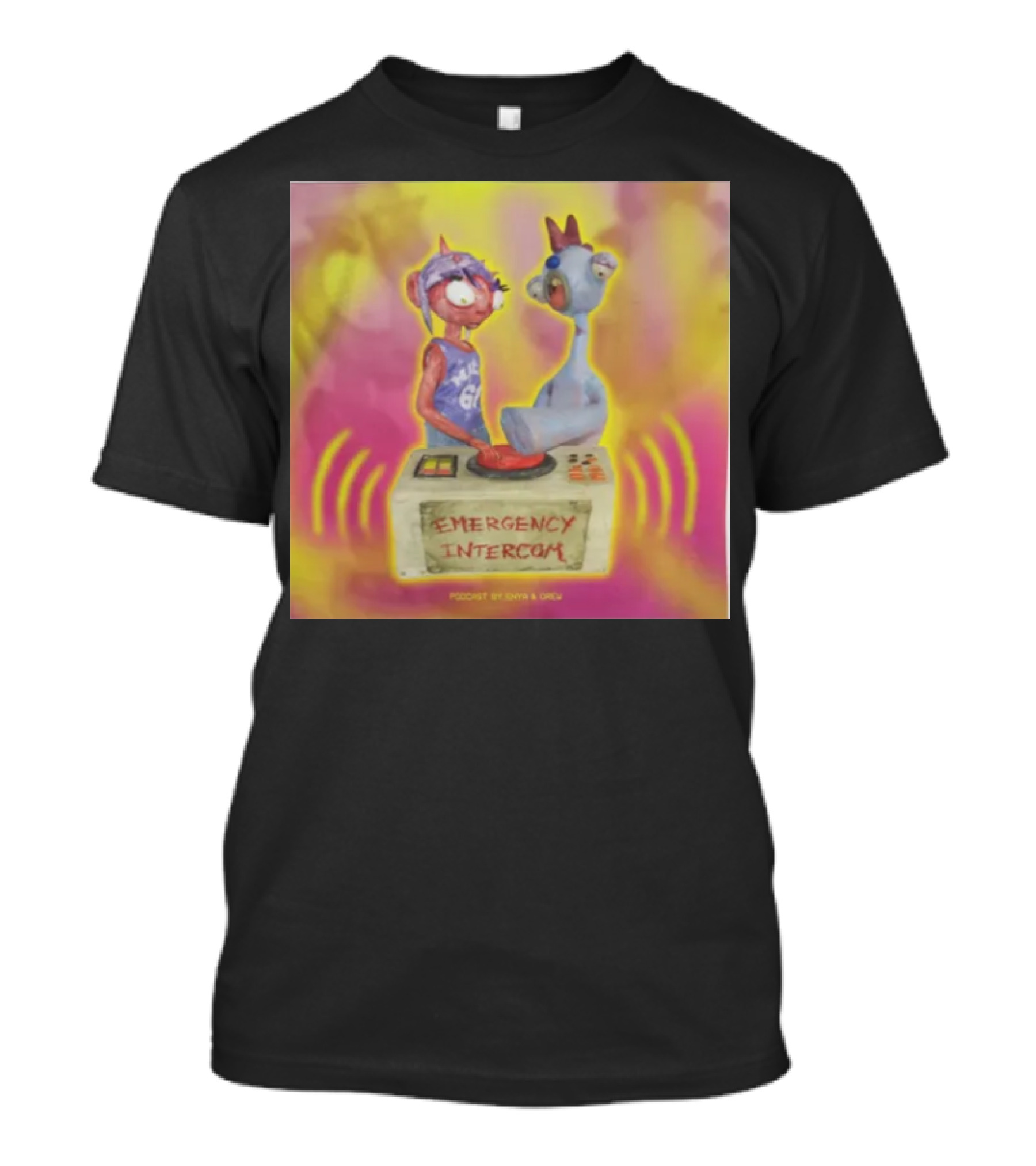 Emergency Intercom Podcast By Enya And Drew Vibrant Cartoon Characters On Bright Background T-Shirt