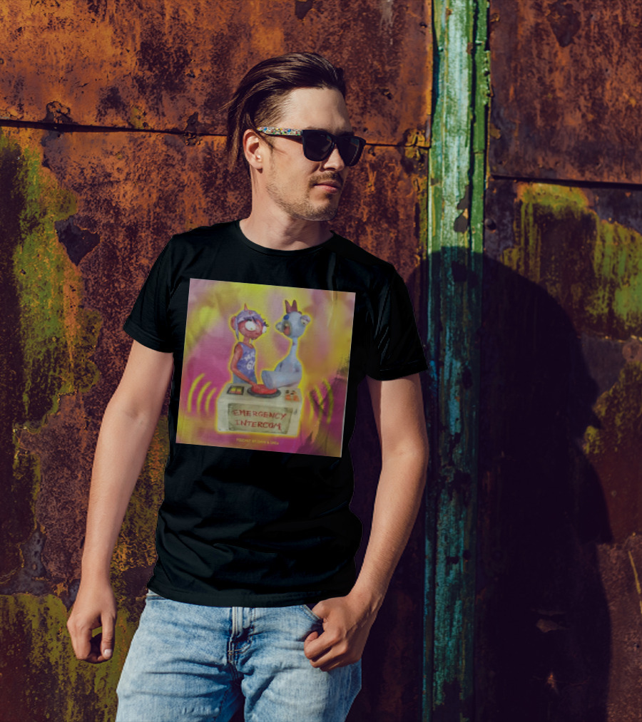 Emergency Intercom Podcast By Enya And Drew Vibrant Cartoon Characters On Bright Background T-Shirt