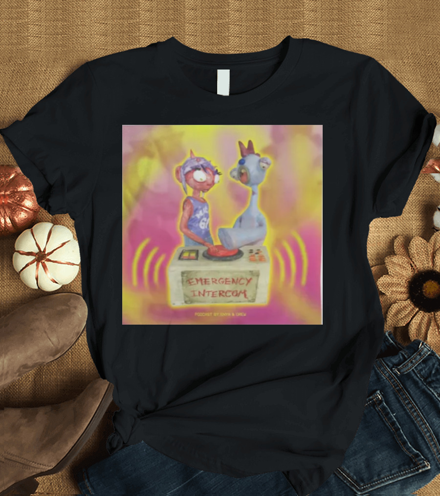 Emergency Intercom Podcast By Enya And Drew Vibrant Cartoon Characters On Bright Background T-Shirt