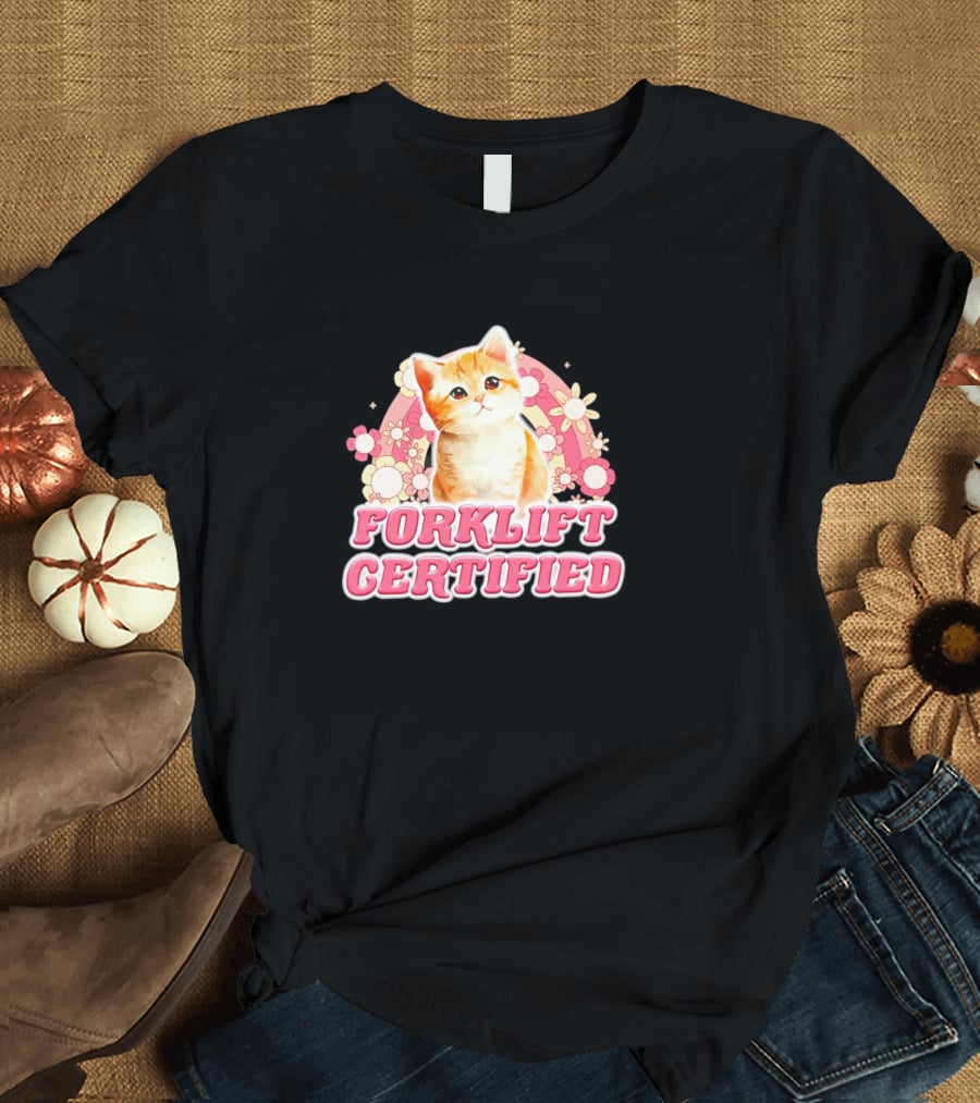 Cat Forklift Certified Cute Floral Pink T-Shirt