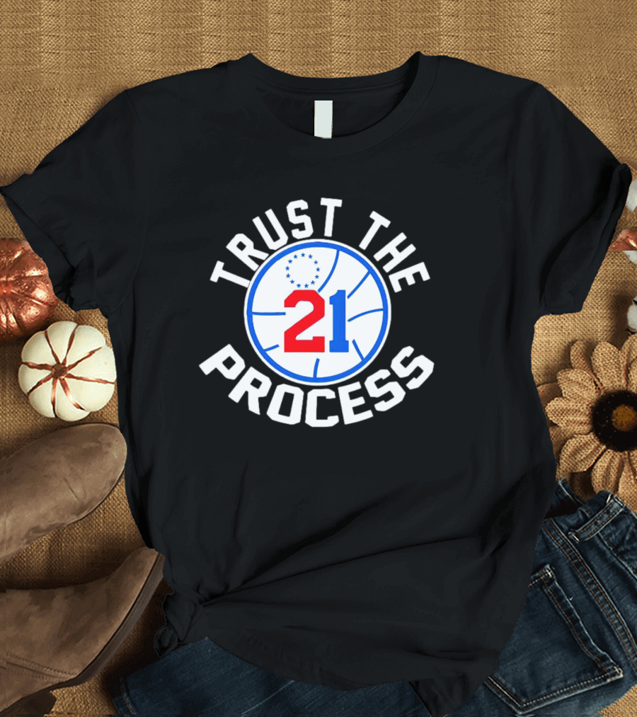 Philadelphia 76ers Joel Embiid 21 Trust The Process Basketball Emblem T-Shirt