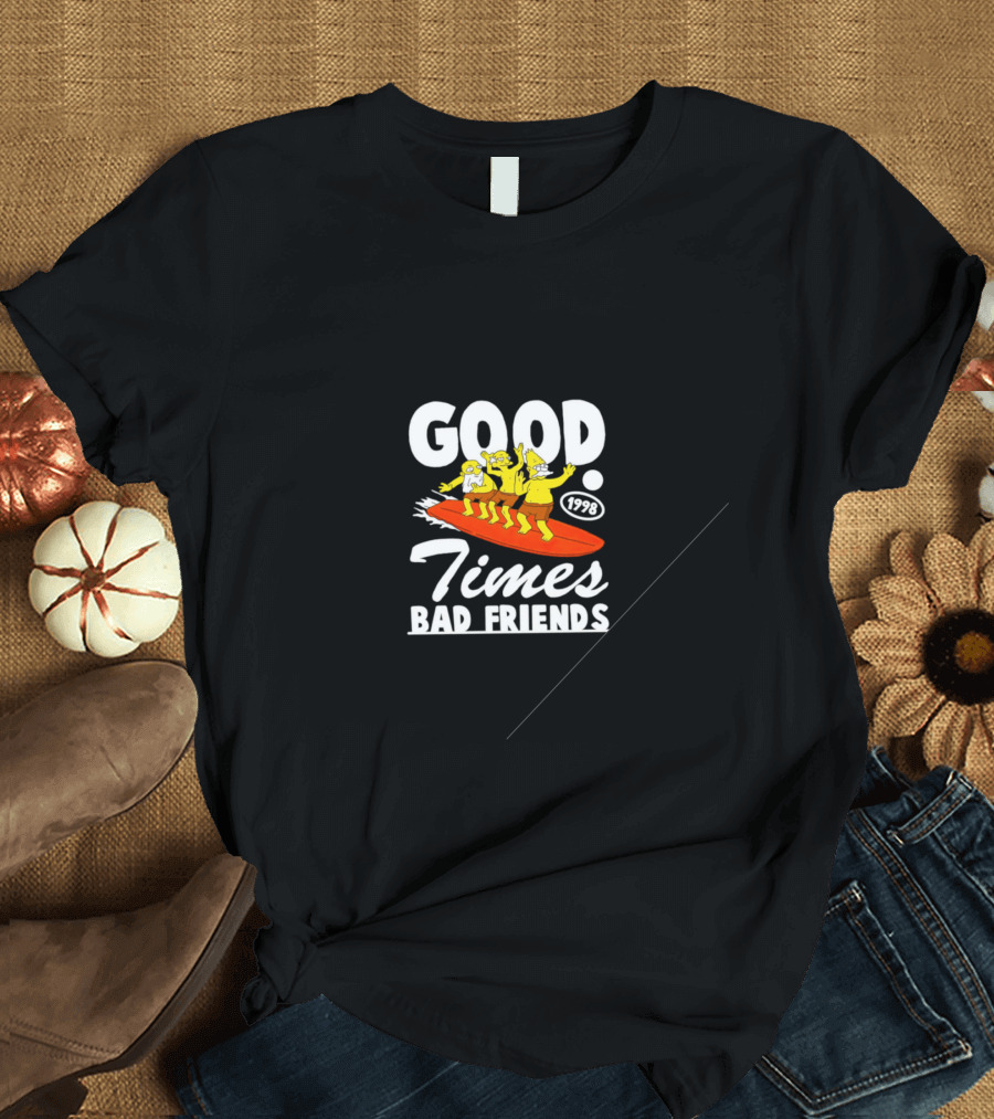 GOOD TIMES BAD FRIENDS 1998 Surfing Cartoon T-Shirt