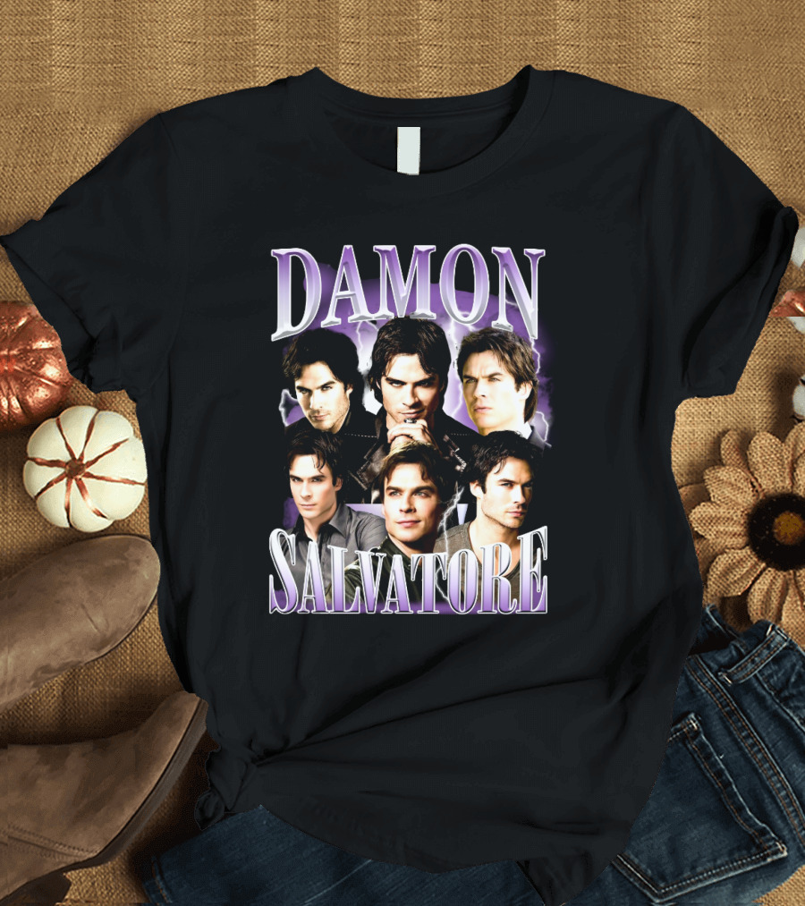 Damon Salvatore Purple Lightning Faces Collage T-Shirt