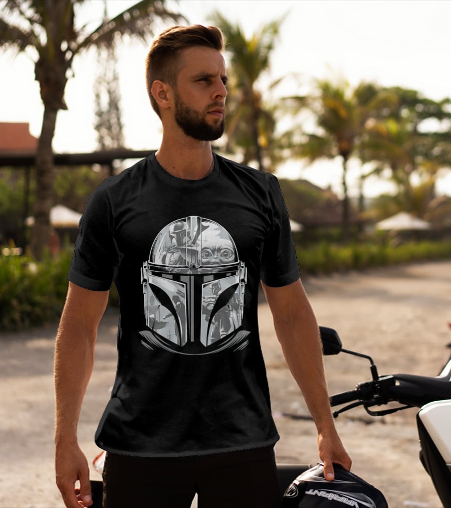 Mandalorian Helmet Artwork With Grogu And Bounty Hunter Scenes T-Shirt