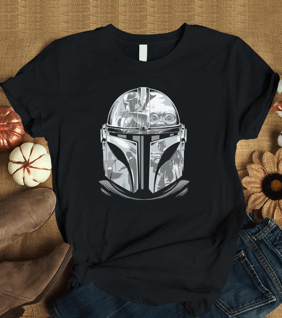 Mandalorian Helmet Artwork With Grogu And Bounty Hunter Scenes T-Shirt