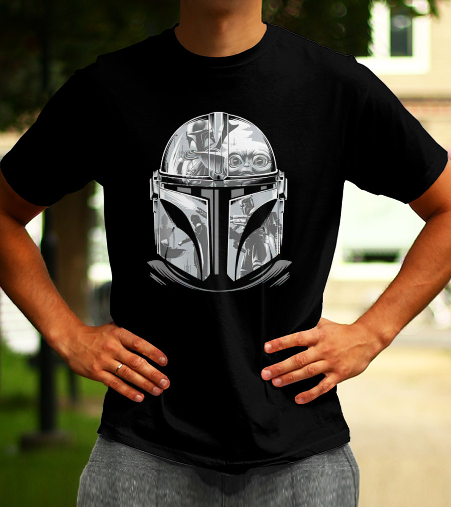 Mandalorian Helmet Artwork With Grogu And Bounty Hunter Scenes T-Shirt
